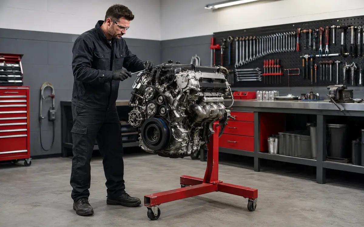 Mecánico revisando un motor en un taller tradicional