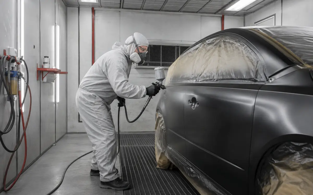 Pintor automotriz trabajando en una cabina de pintura tradicional