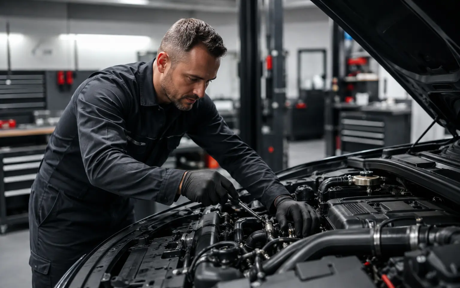 Mecánico profesional reparando el motor de un automóvil