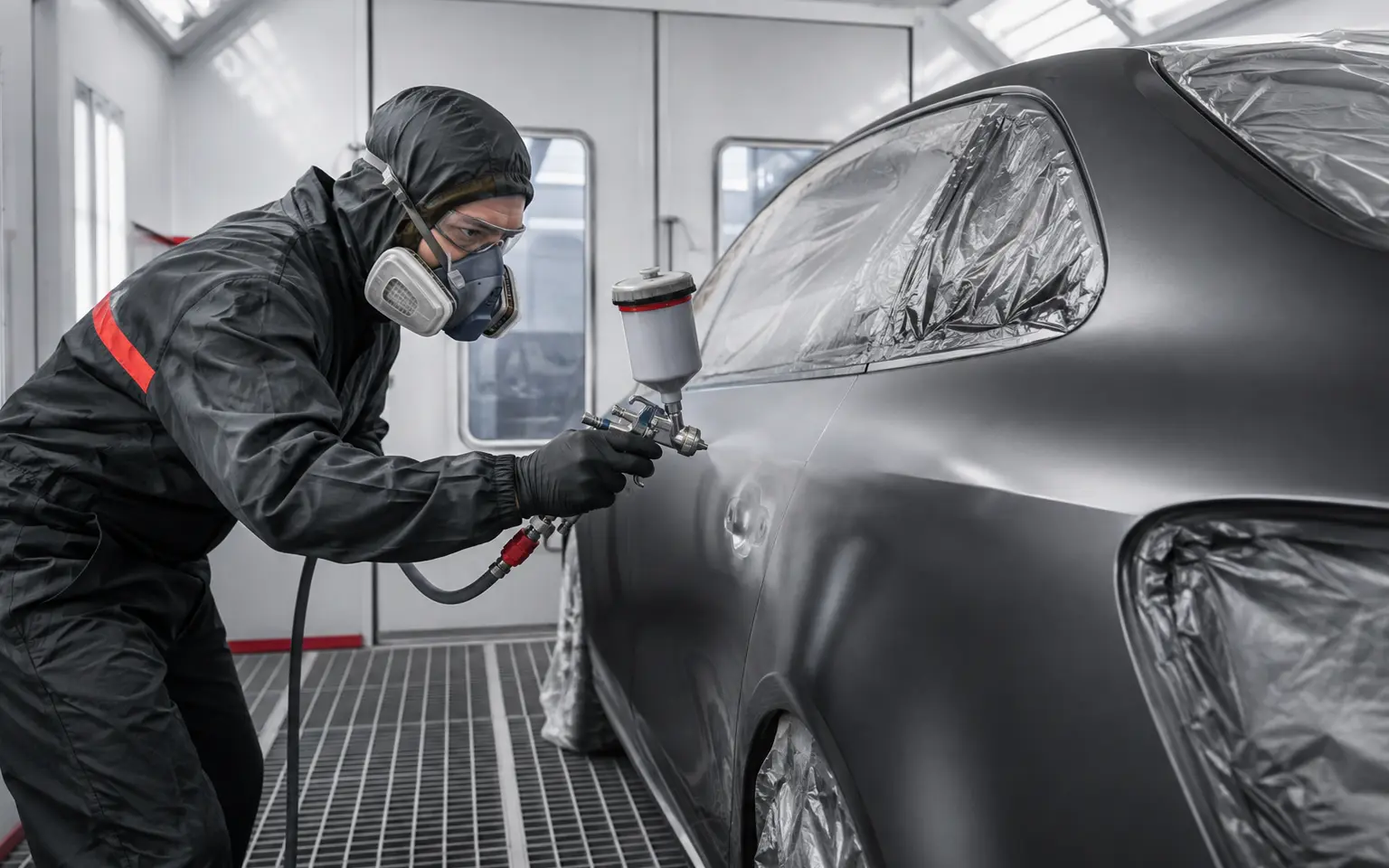 Pintor automotriz trabajando en una cabina de pintura
